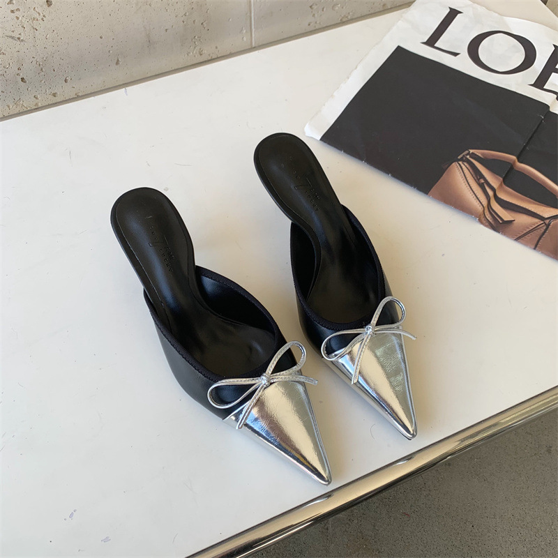 Designer Butterfly-knot Pointed Toe Mules Slipper For Women Fashion Shallow Thin High Heels Female Shoes EU35-39