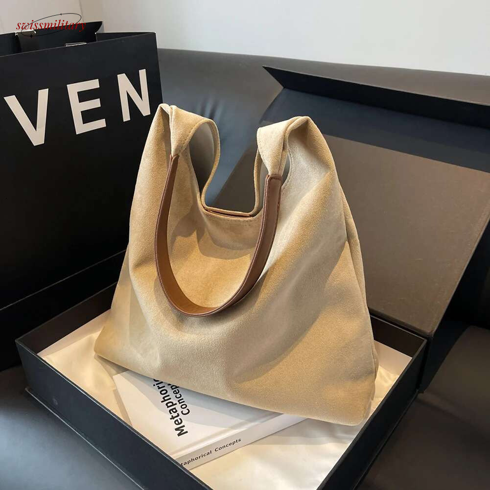 Women Suede Retro Single Shoulder Large Capacity Trendy Work Solid Color Vintage Hobo Top Handle Bag swissmilitary