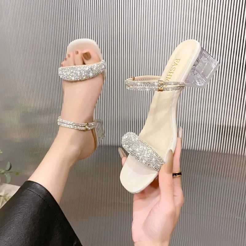 Shining gold Sier womens sandals summer 2024 crystal high heels party shoes womens comfortable thick high heels sliderXJ250407