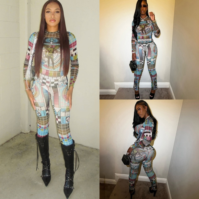 Women Tracksuits Two Pieces Set Wind 2025 Spring New Personalized Street Trendy Tight Digital Printed Open Umbilical Long Sleeve Pants Set