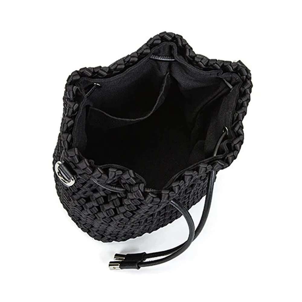 Annmouler Hand-Woven Handbag For Women Mini Knot Designer Woven Black Bucket Bag With 2 Shoulder Straps