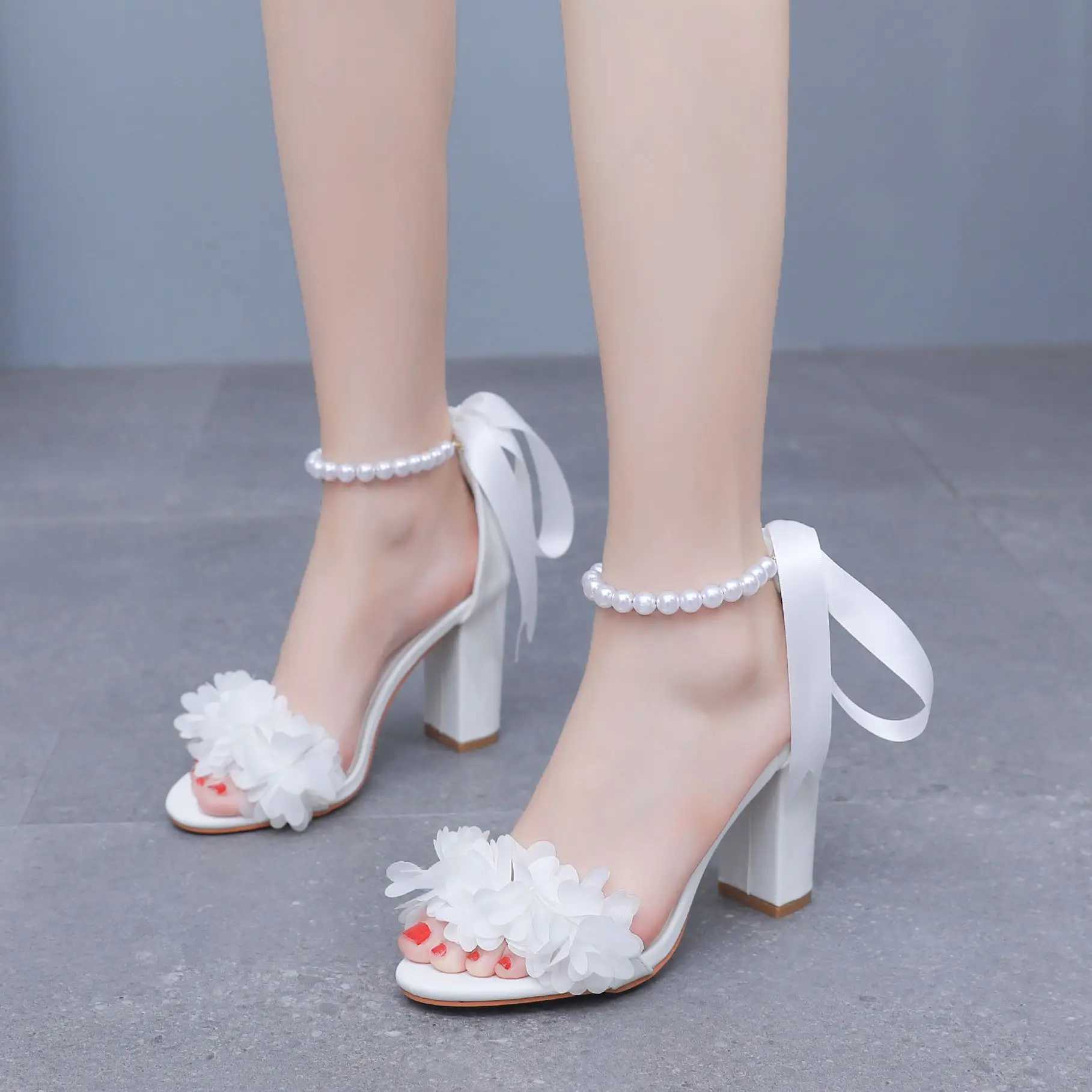 Crystal Queen Women White Flower Beaded Diamond High Heels Summer Shoes Peep Toe Buckle Strap Square SandalsXJ2500305