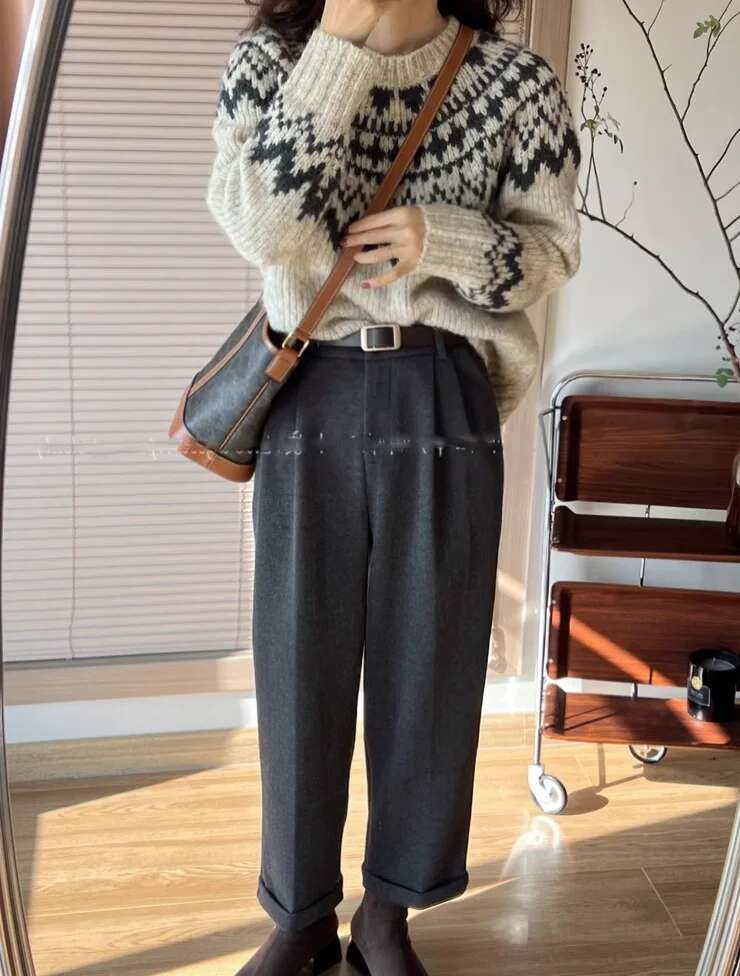Vintage Women Cashmere Sweater Winter Autumn Long Sleeve Knitted Pullover Gray Soft Jumper Wool Knitwear All Match X410