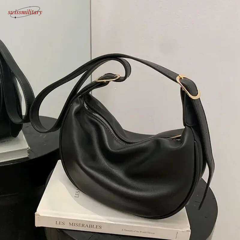2024 New Fashion Women's Hobos Sac Soft Leather Shoulder Messenger Bags for Women Wide Female Half Moon Purse and Handbags Brand swissmilitary
