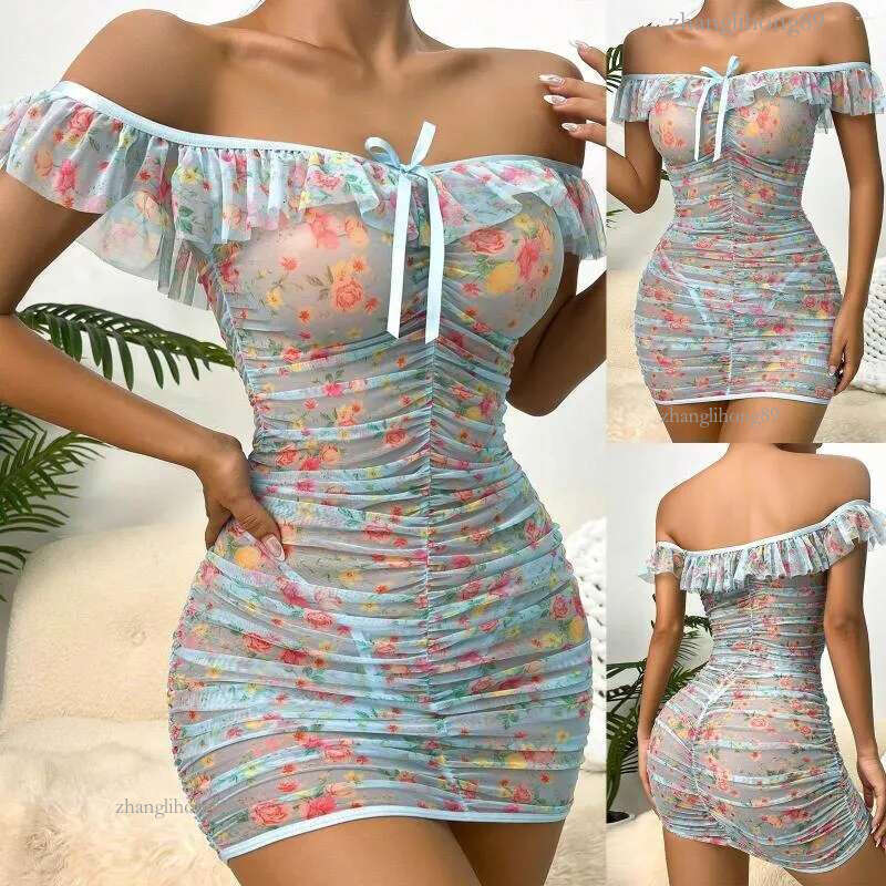 Women's Sleepwear Women's Fun Underwear See Through Sexy Flower Mesh Printed Pleated Pajama Dress Set Years Lingerie Push Up