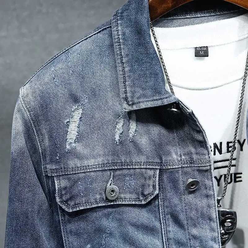 Mens Jean Coats Blue Ripped Mens Denim Jacket Wide Shoulders with Hole Menswear Clothing Cheap Price Stylish Fashion of Fabric W250116