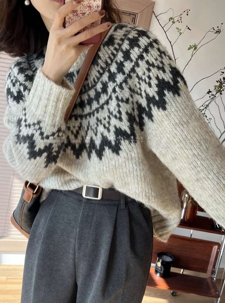 Vintage Women Cashmere Sweater Winter Autumn Long Sleeve Knitted Pullover Gray Soft Jumper Wool Knitwear All Match X410