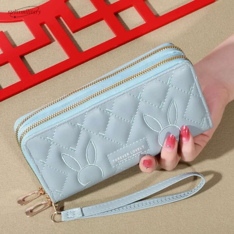 Trendy Solid Color Long Wallet, Double Zippers Clutch Coin Purse, Women's Faux Leather Card Holder With Wristband swissmilitary