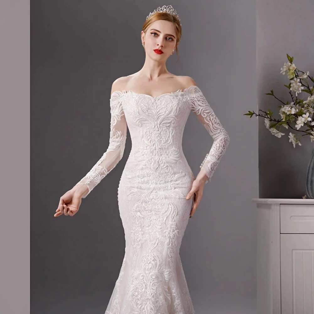 Custom Stylish Boat Neck Long Sleeves Mermaid Wedding Lace Appliques Fringed Princess Bridal Dresses