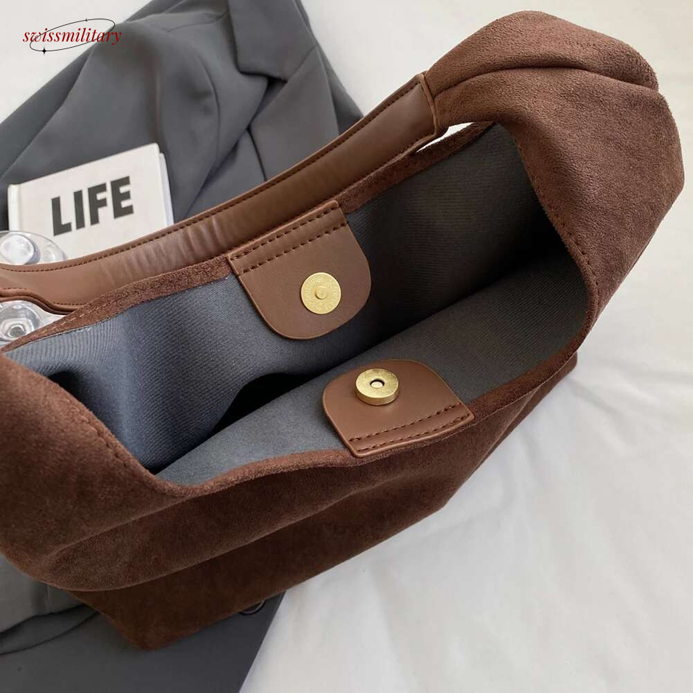Women Suede Retro Single Shoulder Large Capacity Trendy Work Solid Color Vintage Hobo Top Handle Bag swissmilitary