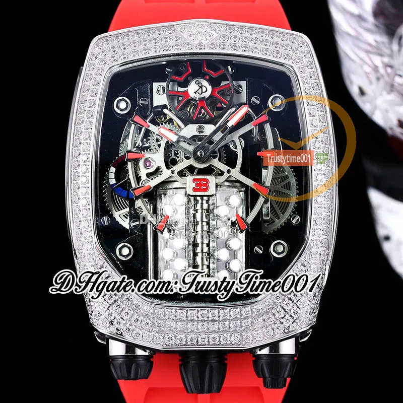 Other Clocks BugattiChiron Tourbillon Autoamtic Mens Watch With 16 Cylinder Engine, Skeleton Dial, Iced Out Asscher Cut Diamond Case, Blue M