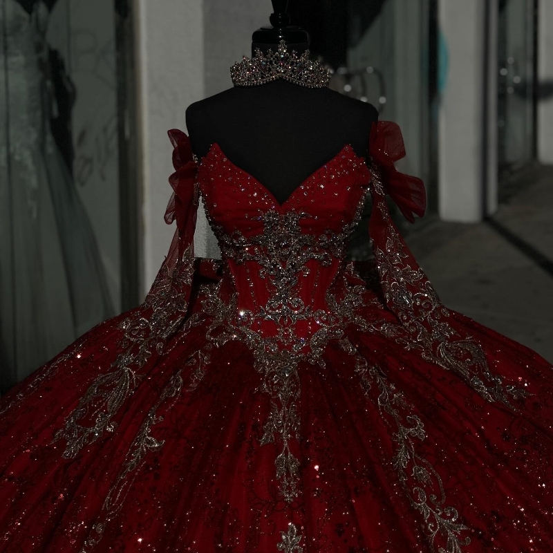 Red Shiny Quinceanera Dresses Ball Gown Off Shoulder Gold Appliques Bow Beads Tull Party Birthday Sweet 16 Dress Vestidos De 15 Anos