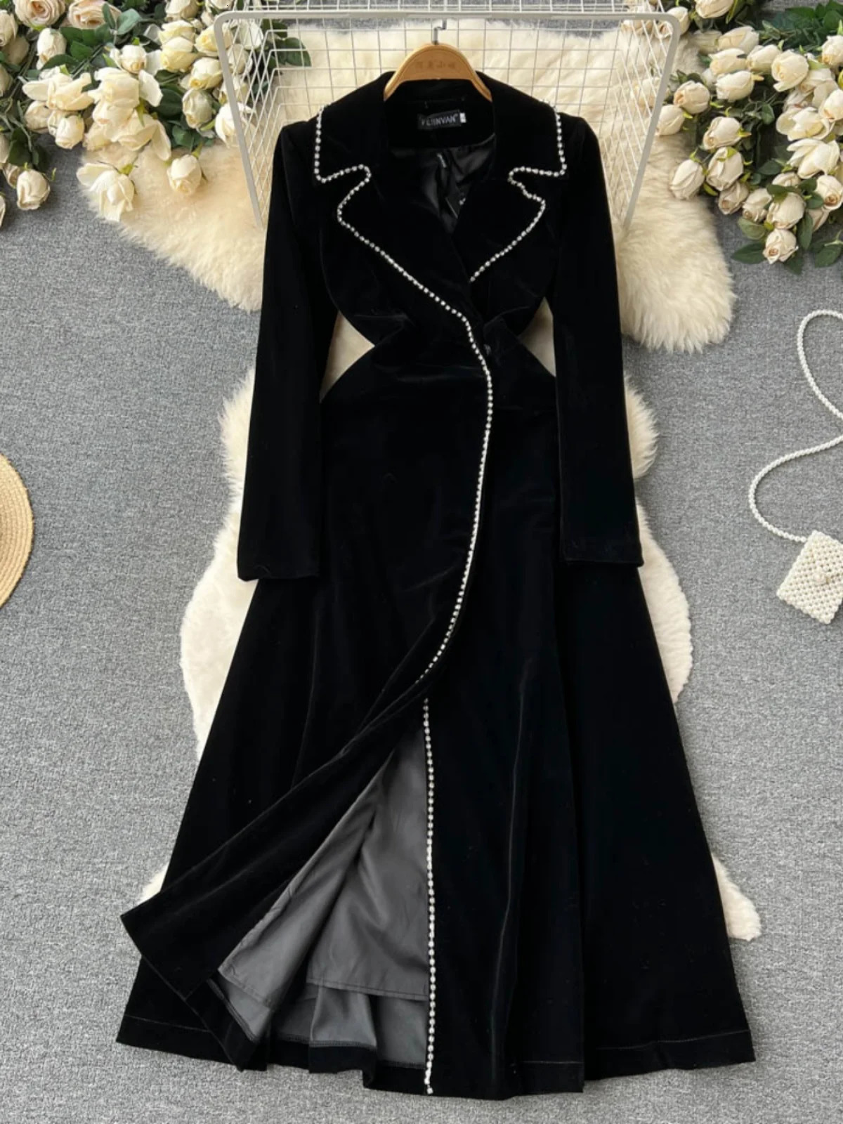 Autumn Winter Thicken Black Velvet Trenches Coat Long Windbreakers Overcoats 250107