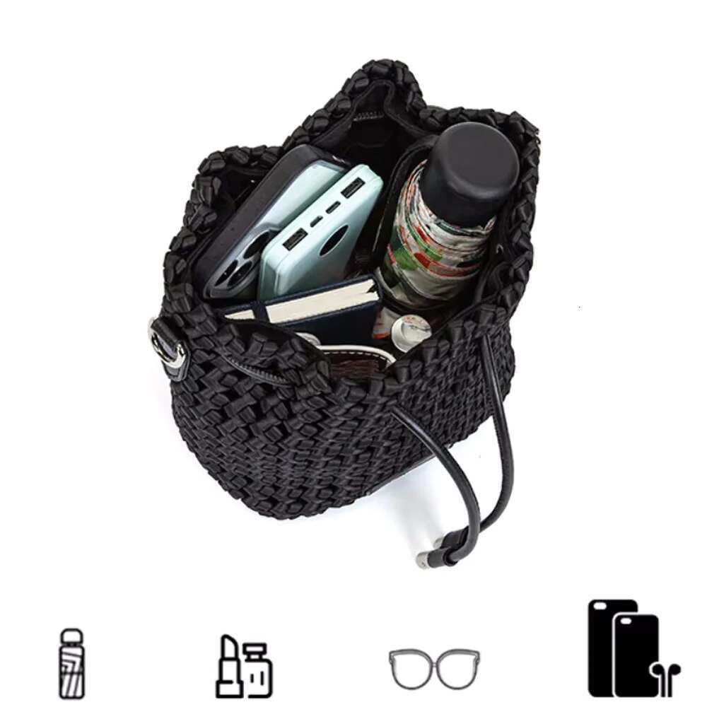 Annmouler Hand-Woven Handbag For Women Mini Knot Designer Woven Black Bucket Bag With 2 Shoulder Straps