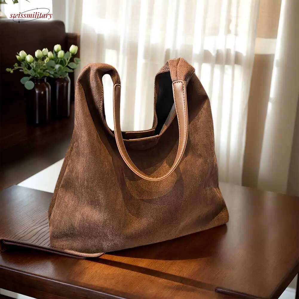 Women Suede Retro Single Shoulder Large Capacity Trendy Work Solid Color Vintage Hobo Top Handle Bag swissmilitary