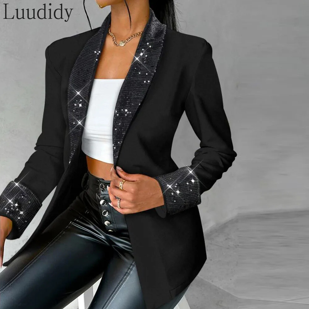 WomenS Elegant Casual Solid Color Long Sleeve Notched Collar Sequin Decor Blazer Coat 250115