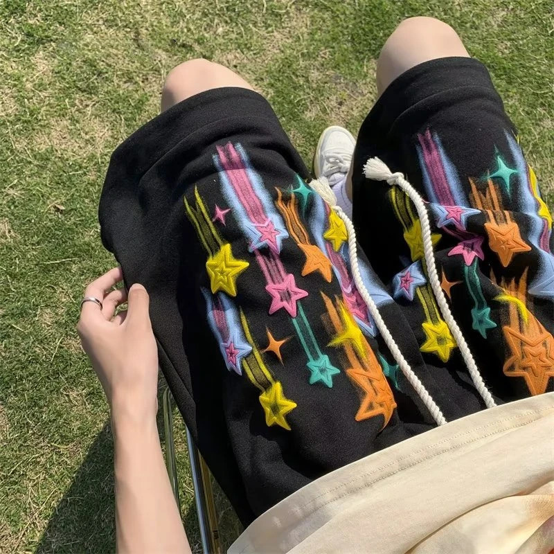 Star Graffiti shorts mens casual Y2k summer shorts hip-hop bag wide leg pants fashionable Harajuku oversized Korean daily sweat pants 250109