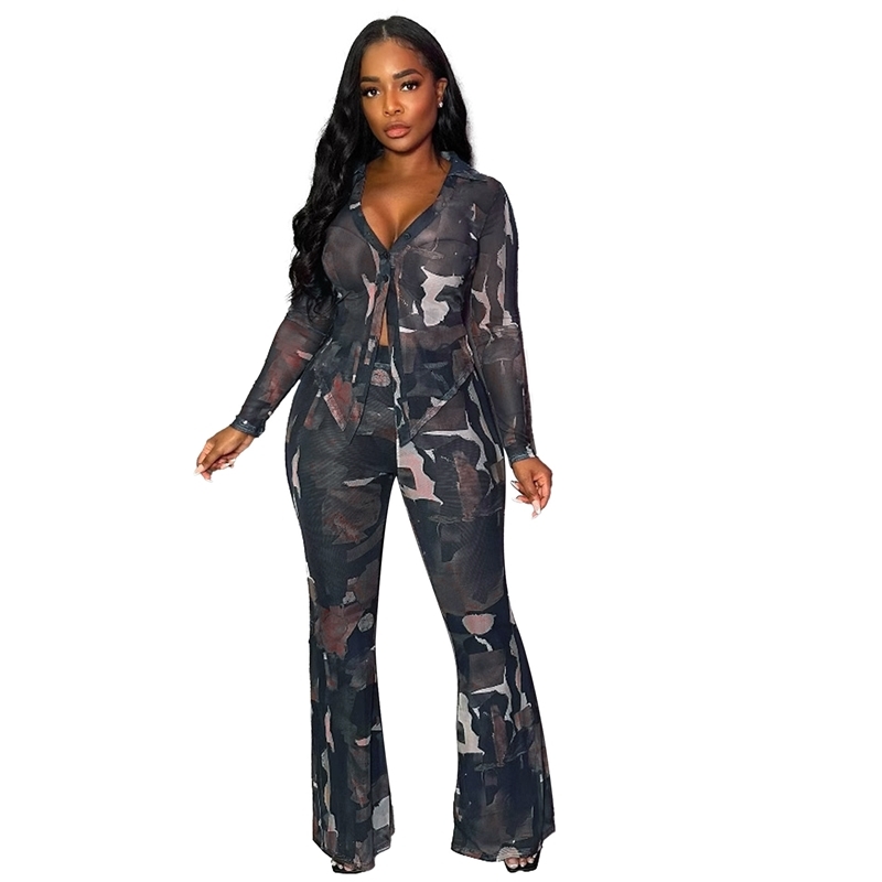 Women Tracksuits Two Pieces Set Designer 2025 New Fashion Sexy Single-layer Button Mesh Top Double-layer Micro Flared Pants Elastic Printed Mesh Set