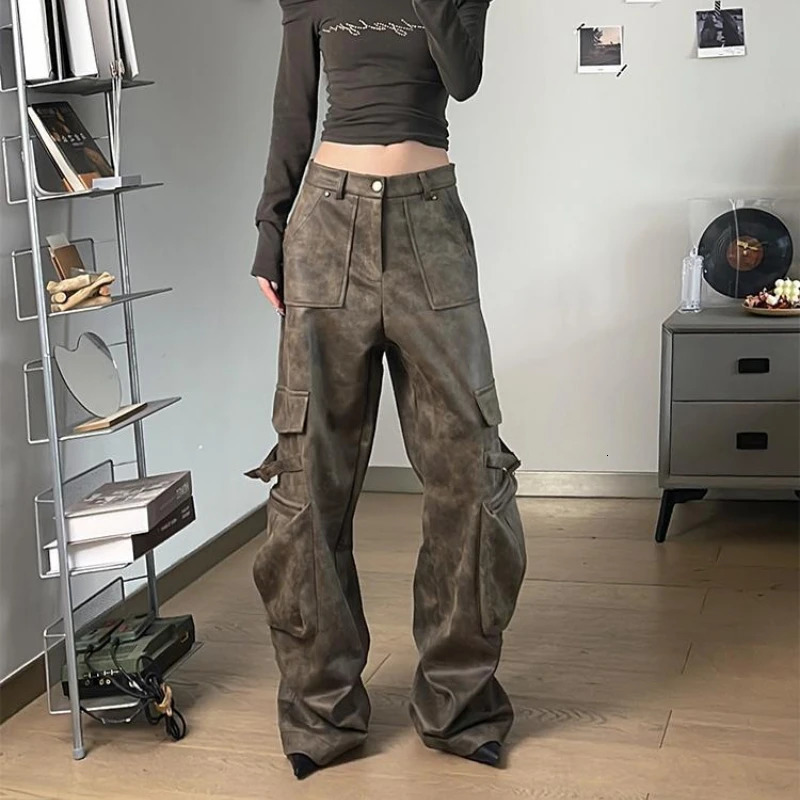 Deeptown Y2k Baggy Leather Cargo Pants Women America High Street Casual Trashy Wide Leg Trousers 2000s Harajuku Pantalones Z260314