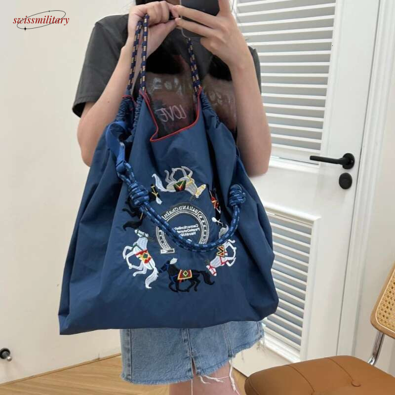 2025 Knit Large Capacity Crossbody Single Shoulder Ball Chain Embroidery Handbag Leisure Bag Student Nylon Canvas Commuting Shopping swissmilitary