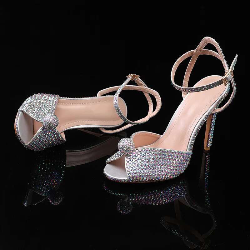Runway Style Rhie Sequined Peep Toe Women Gladiator Sandals Summer Elegant High Heels Crystal Wedding Banquet Bridal Shoes