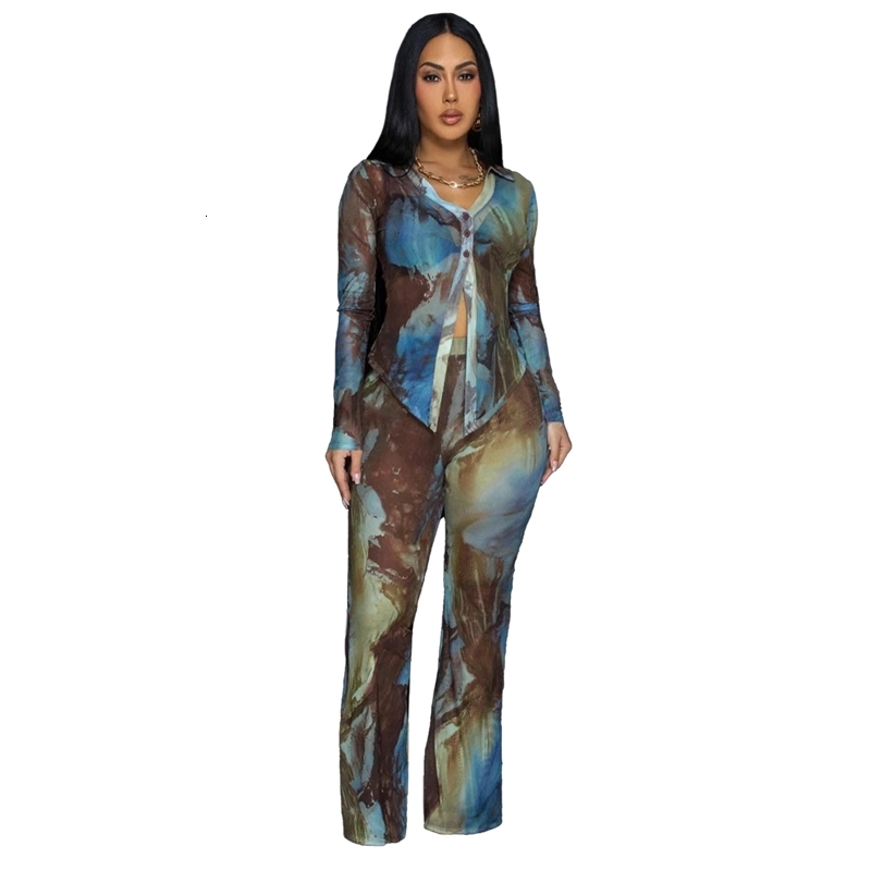 Women Tracksuits Two Pieces Set Designer 2025 New Fashion Sexy Single-layer Button Mesh Top Double-layer Micro Flared Pants Elastic Printed Mesh Set