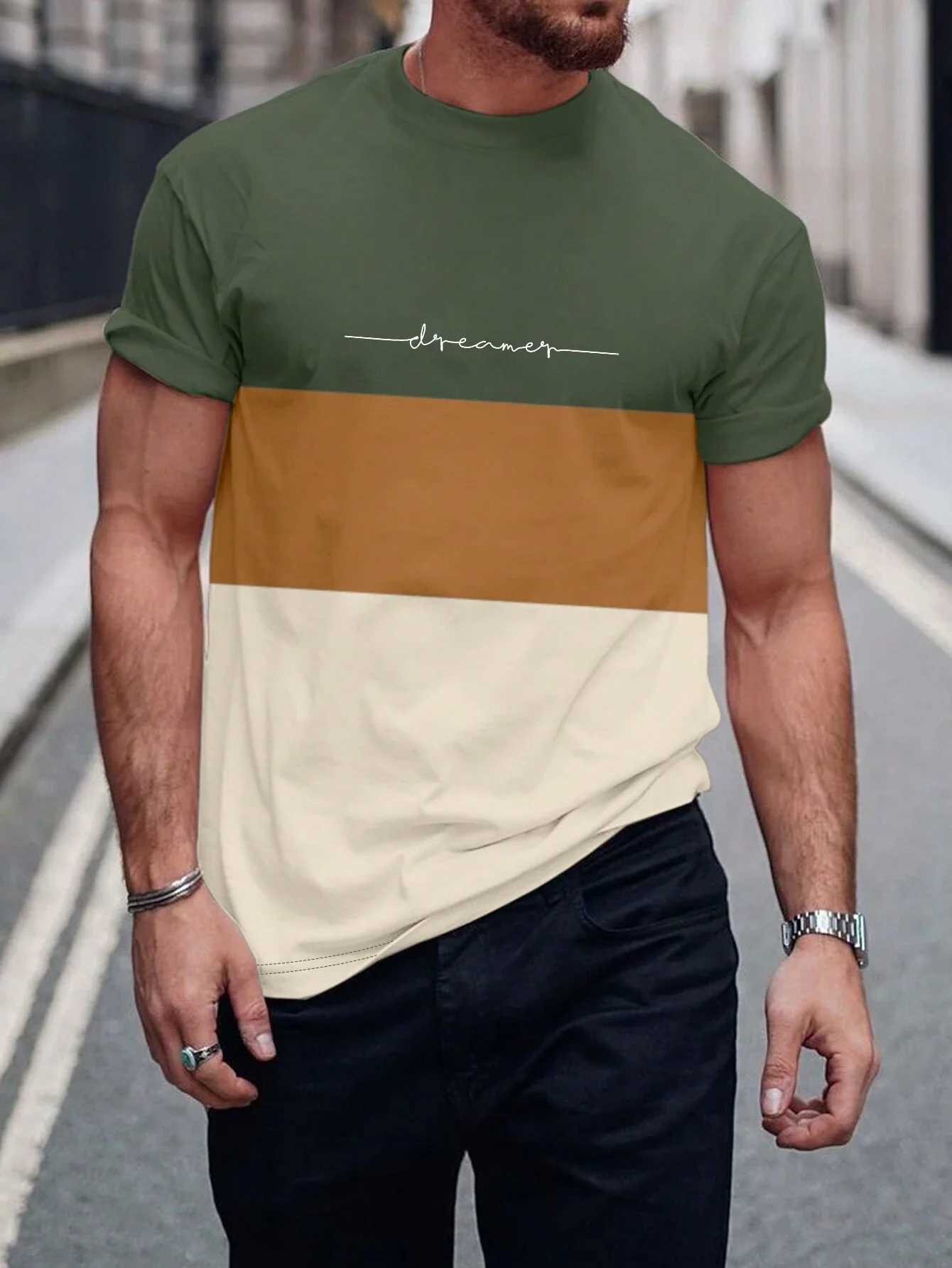 Fashionable Mens Color Block Letter Printed T-Shirt Harajuku Basic Short Sleeve Tee Tops Leisure O-Neck Mens Casual t-shirtXJ250117