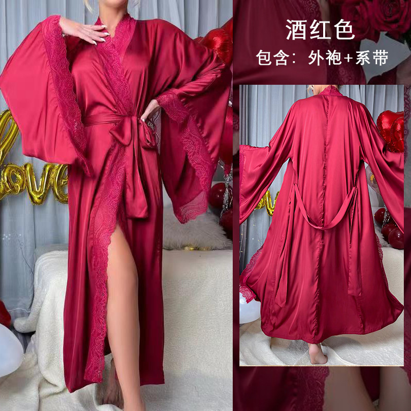 New Satin Sleepwear Lace Light Luxury Long Sleeved Cool Sleeping Robe Bathrobe Home Wear Women 336