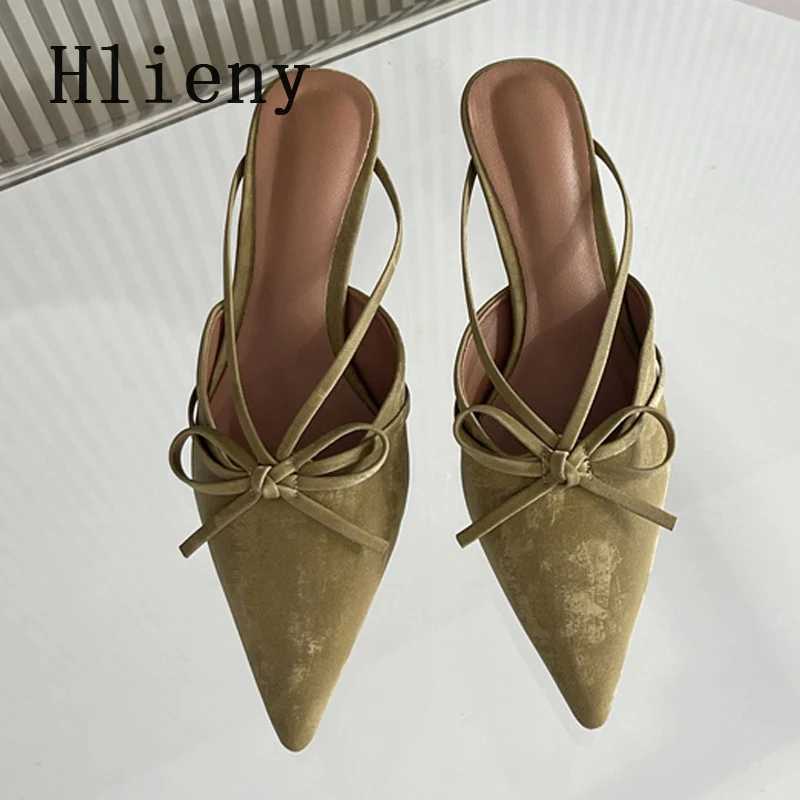 Hlieny Fashion Design Butterfly-Knot Pointed Toe Low Thin Heels Mules Slippers Women Pumps Shallow Slingback Sandal Female ShoesC250319
