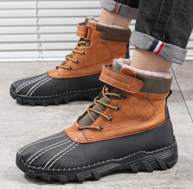 Casual Shoes Waterproof Snow Boots Men's Autumn/Winter High Top Handmade Men's Shoes Outdoor Work Boots with Velvet Duck billed Boots Cotton
