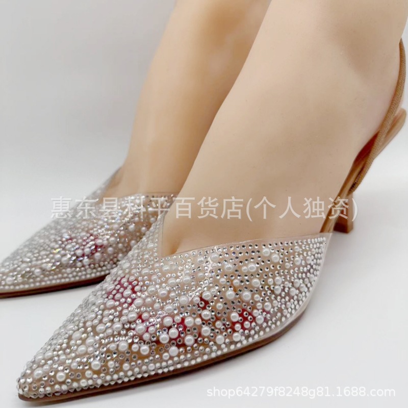 2025 summer new women's shoes brown artificial pearl decoration open heel high heels thin heel pointed shoes sandals for women