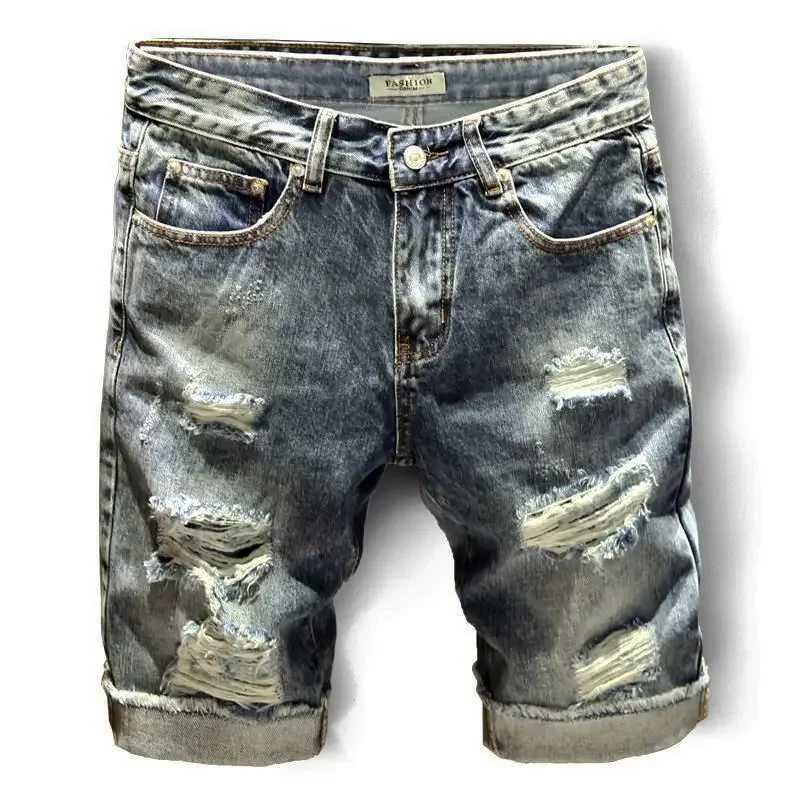 Mens Short Jeans Pants with Pockets Selvedge Male Denim Shorts Ripped Jorts Streetwear Y2k Fashion New in Buttons Korean Cut XlXJ250117