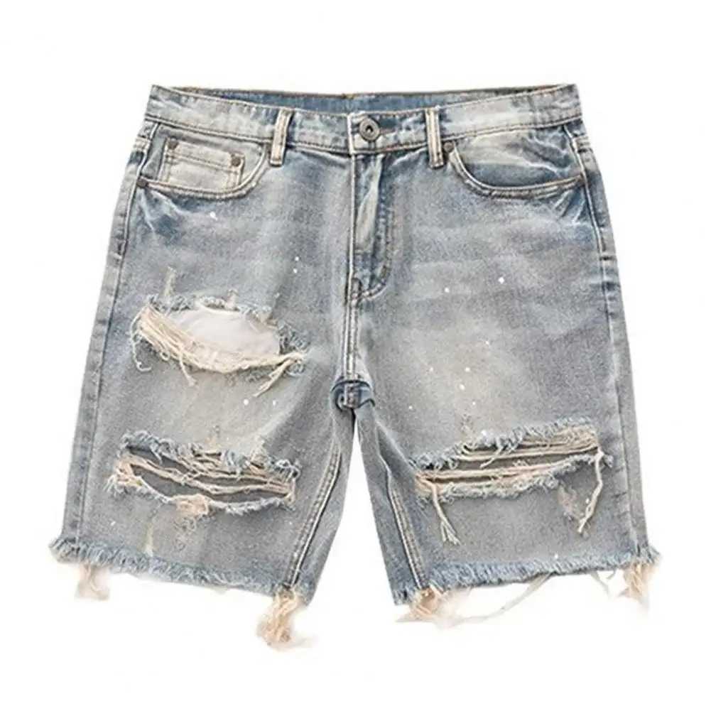 Slotted denim shorts for mens summer Distressed denim shorts with stylish button fly and multiple pockets slim and suitable for young people W250319