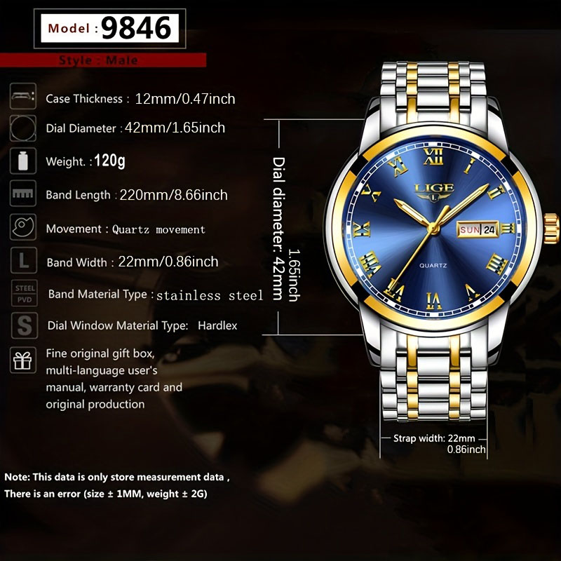 LIGE Men's business quartz Watch Classic three-pin double calendar watch Stainless steel strap Top brand watch Multi-functional life waterproof w