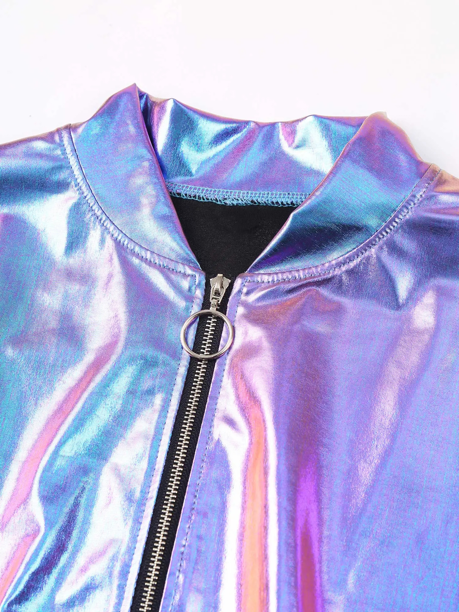 Womens Baseball Jacket Spring Autumn Holographic Metallic Shiny Bomber Jacket Coat Long Sleeve Zipper Striped Band Outerwear 250116