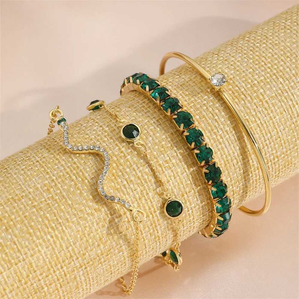 4Pcs/Set Fashion Snake Green Gemstone Bangle Rhinestone Full Metal Bracelet For Women Birtay Party Christmas Gift JewerlyXJ250117