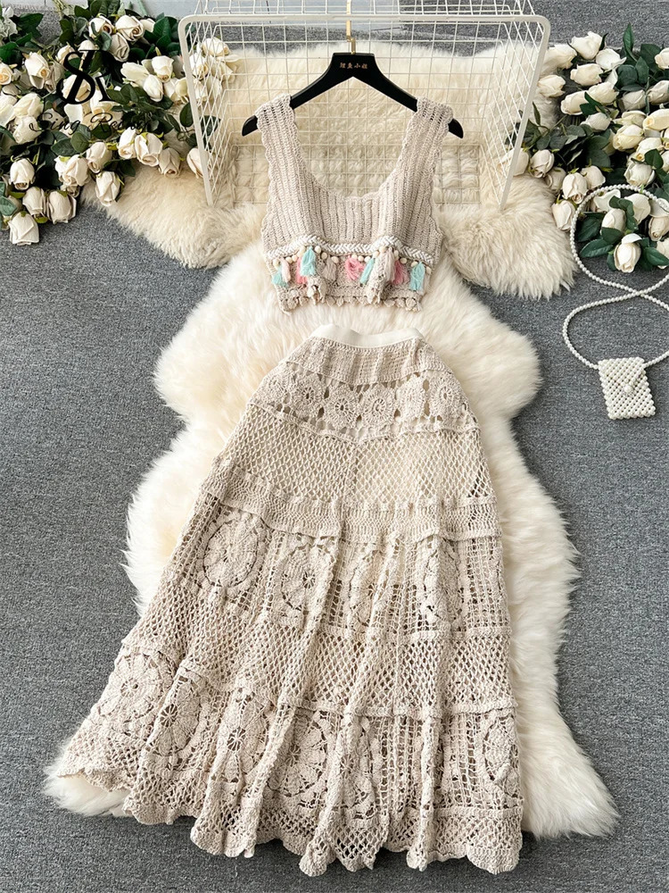 SINGREENY Bohemian Retro Knitted Set Tank Tassel Crop TopLoose Hook Hollow Skin Fashion Womens Summer Chic Beach Set 250109