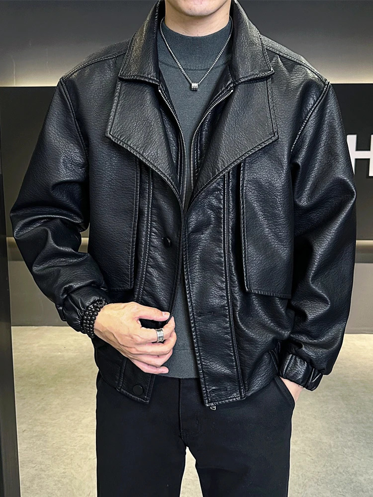 Trendy Splicing Leather Jacket Mens High Street Handsome Stylish PU Coat Autumn Korean Style Lapel Motorcycle Jacket 250109