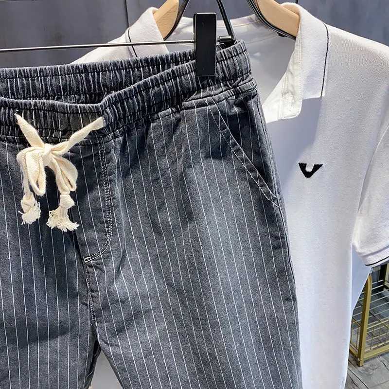 Male Denim Shorts Drawstring Striped With Pockets Mens Short Jeans Pants Gray Designer Vintage Blue Y2k Fashion Korean XlXJ250117