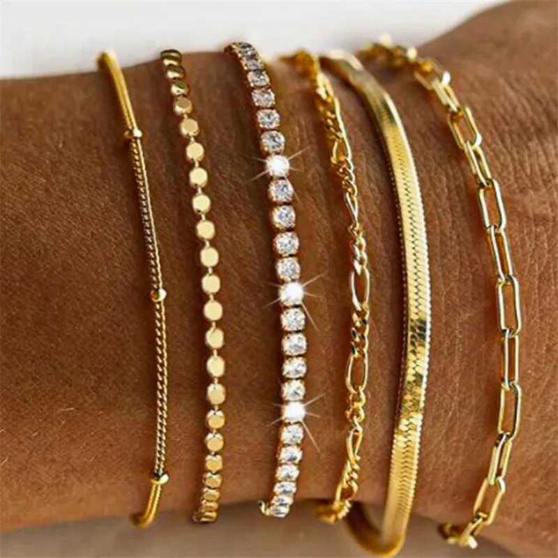 6Pcs Gold Color Crystal Bracelet Set Boho Retro Thick Twist Cuban Chain Bracelet For Women New Tren Quality Jewelry GiftsXJ250117
