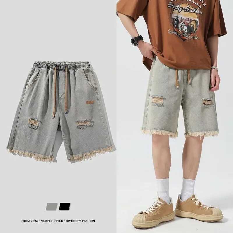 Summer Y2K Vintage Denim Shorts For Men Streetwear Ripped Short Jeans Drawstring Baggy Wide Leg Bermuda Blue Shorts PantsXJ250117