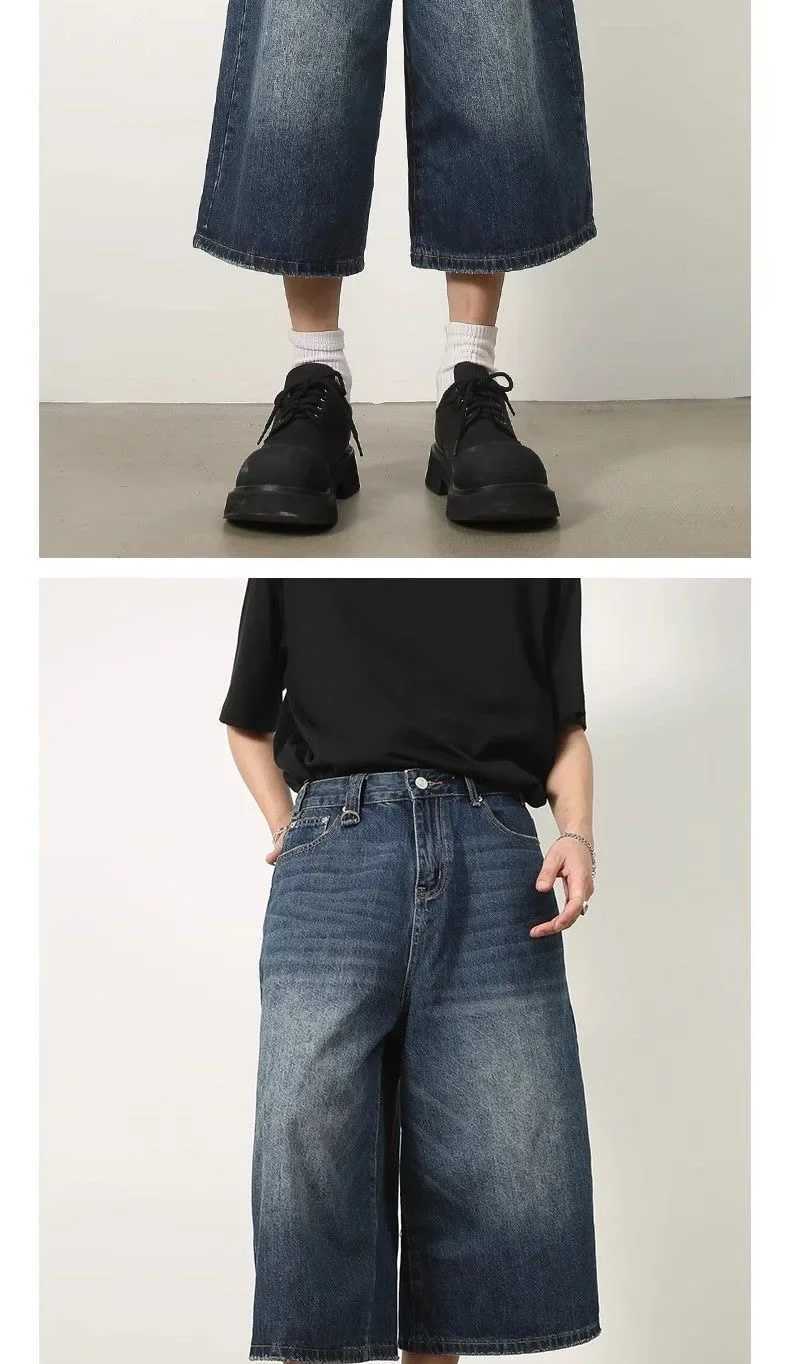 Men Women Y2k Style Baggy Denim Shorts Wide Leg Short Pants Fashion High Waisted Dark Wash Knee Length Loose Unisex Jeans CasualXJ250117