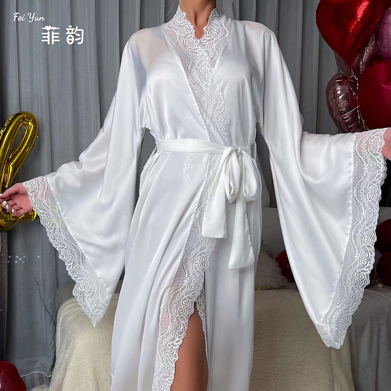 New Satin Sleepwear Lace Light Luxury Long Sleeved Cool Sleeping Robe Bathrobe Home Wear Women 336