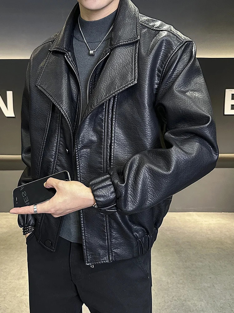 Trendy Splicing Leather Jacket Mens High Street Handsome Stylish PU Coat Autumn Korean Style Lapel Motorcycle Jacket 250109