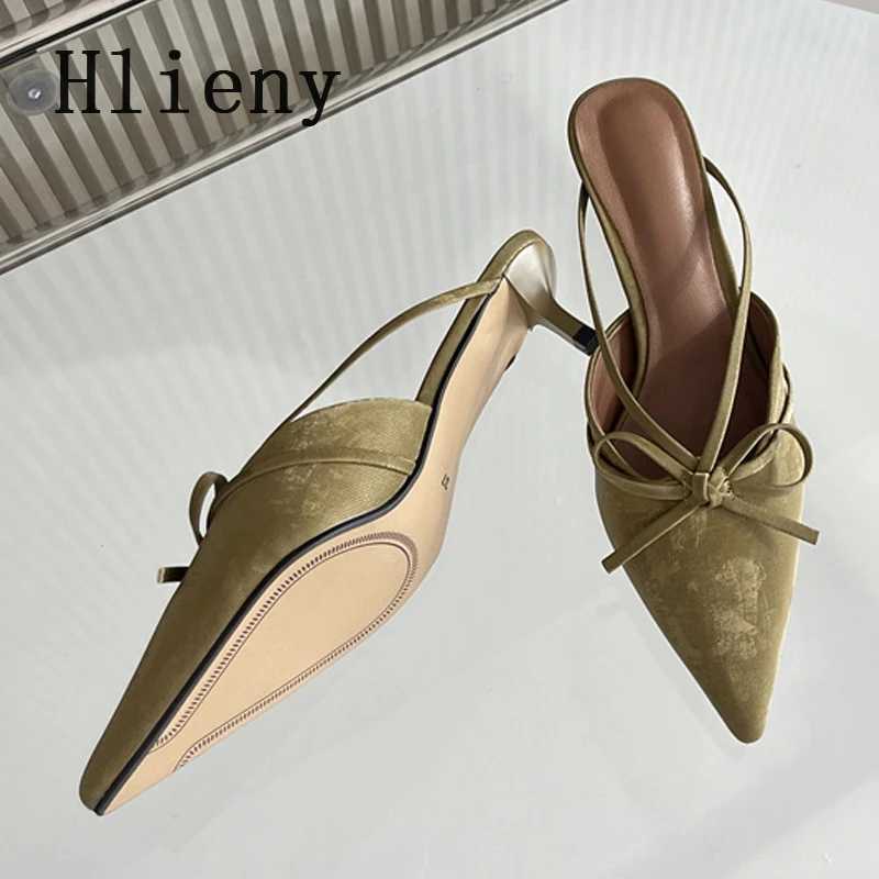 Hlieny Fashion Design Butterfly-Knot Pointed Toe Low Thin Heels Mules Slippers Women Pumps Shallow Slingback Sandal Female ShoesC250319