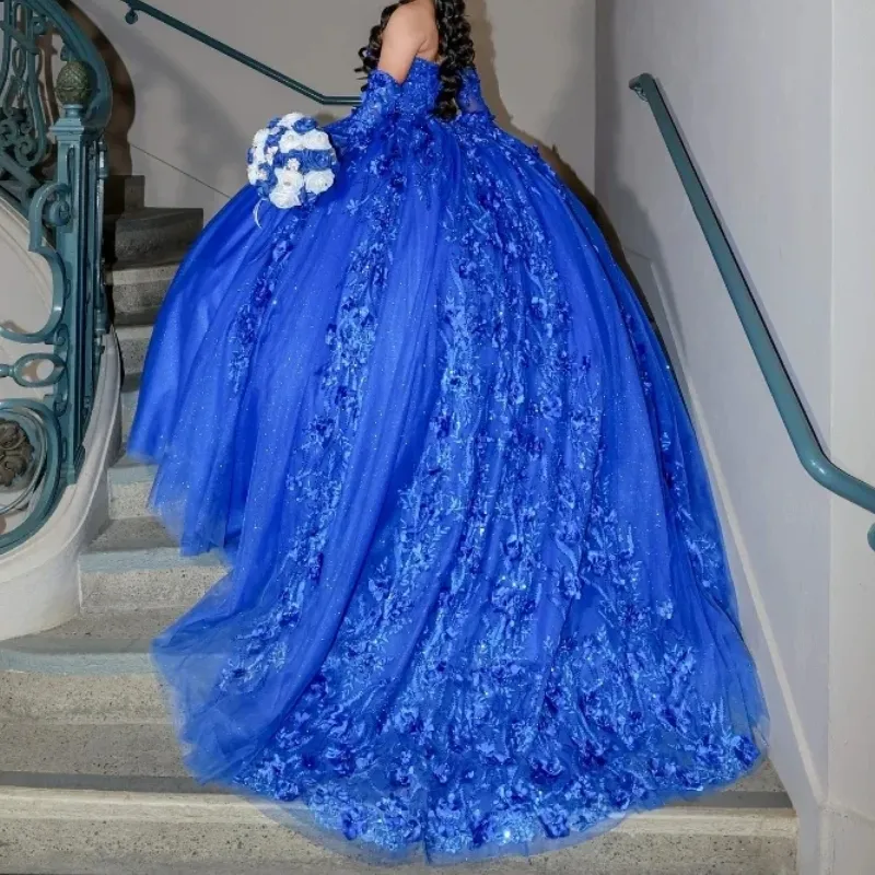 Luxurious Royal Blue Quinceanera Dresses With Lace 3D Floral Appliques Sweetheart Ball Gown Sweet 16 Dress Detachable Long Sleeves Vestido De Vx Anos 