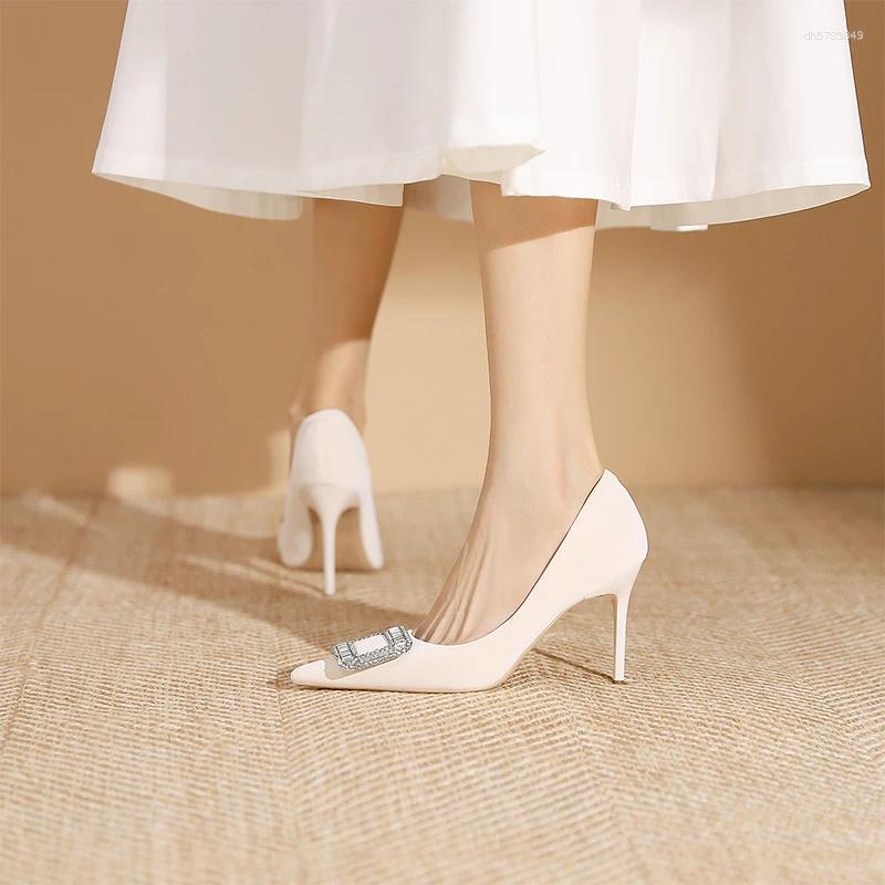 Dress Shoes Diamond High Heels Black Velvet Spring Socialite Temperament Pointy Shallow Commuter Square Buckle