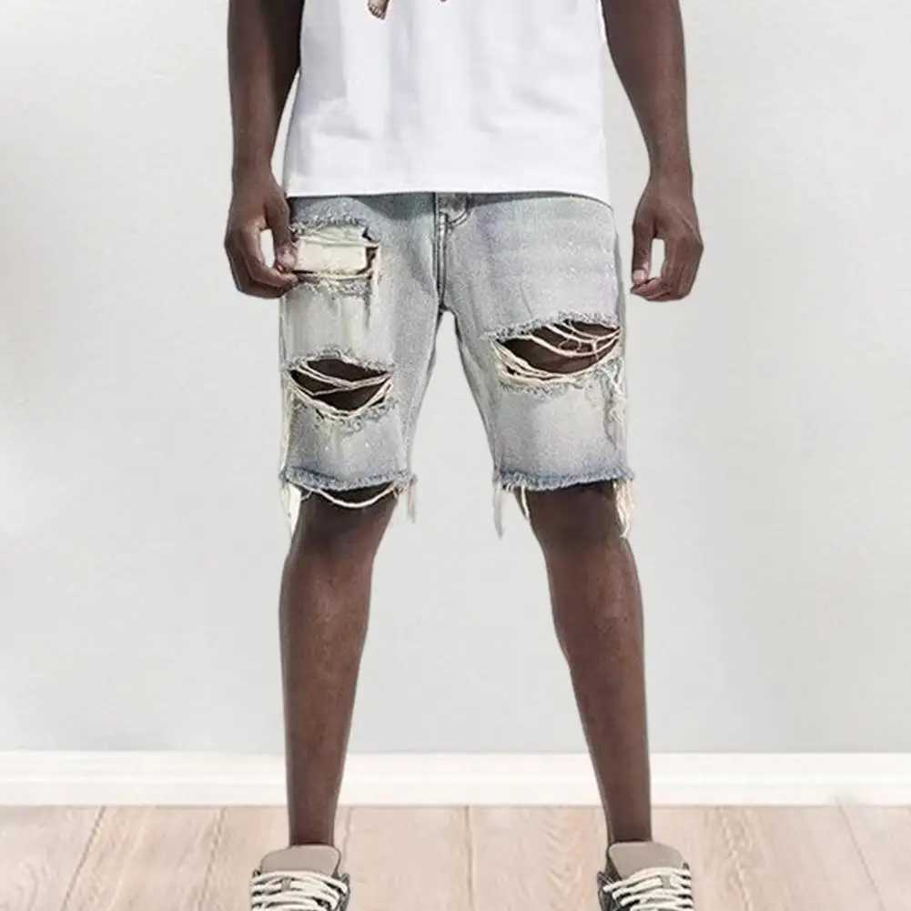 Slotted denim shorts for mens summer Distressed denim shorts with stylish button fly and multiple pockets slim and suitable for young people W250319