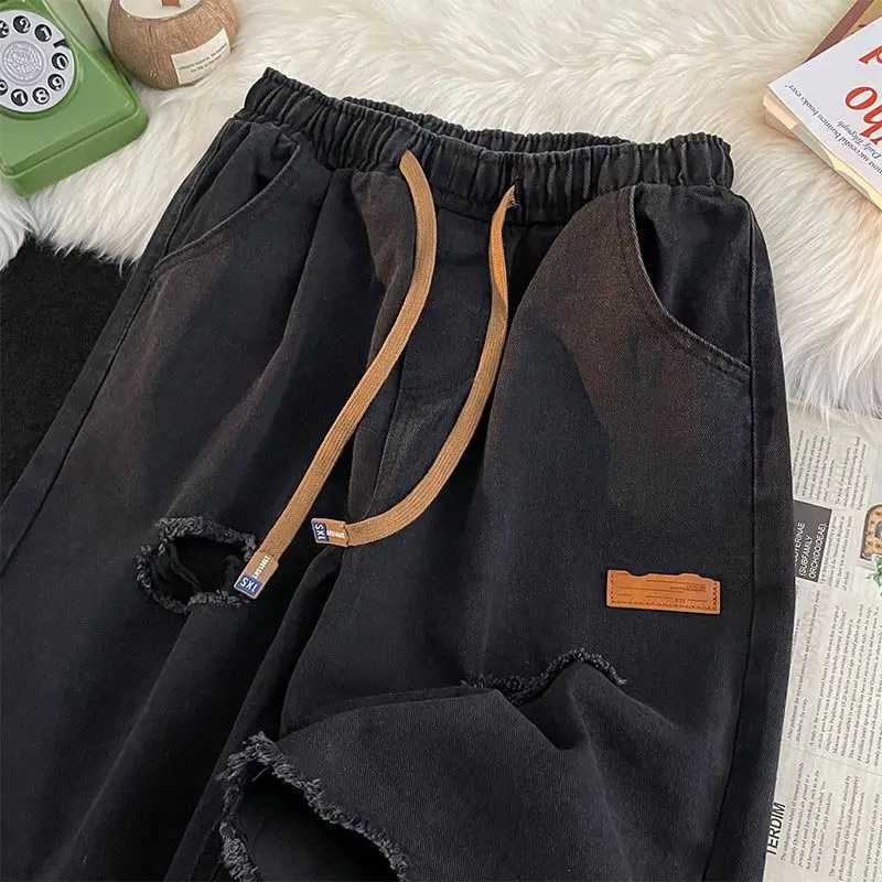 Mens Trendy Vintage Casual Streetwear Y2K Hole Jeans Short Pants 2024 Summer Youth Harajuku Pockets Loose Straight Denim ShortsXJ250117