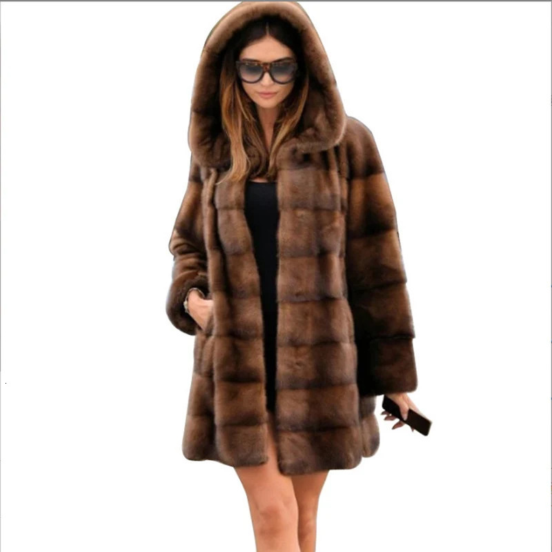 Womens mink fur coat medium long hooded plus size casual winter warm loose 250113